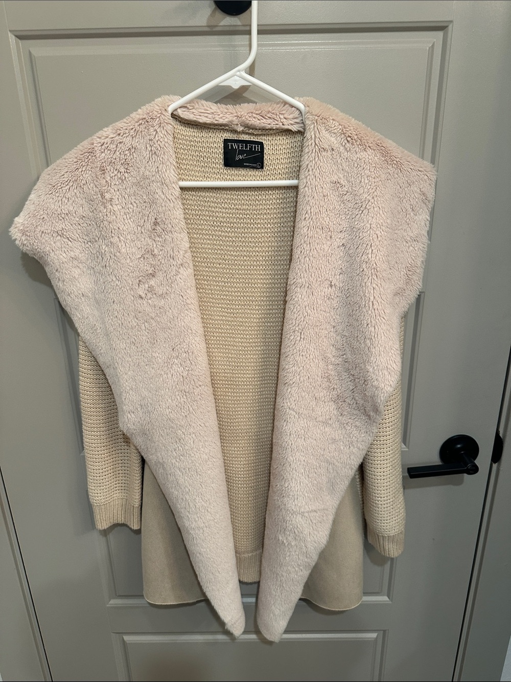 Twelfth by Two Ivory Cream Faux-Fur Shawl Collar Cardigan